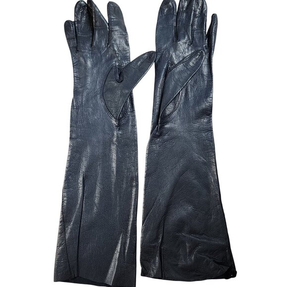 Vintage Womens Long Navy Blue Leather Gloves 6.5 - Picture 1 of 3